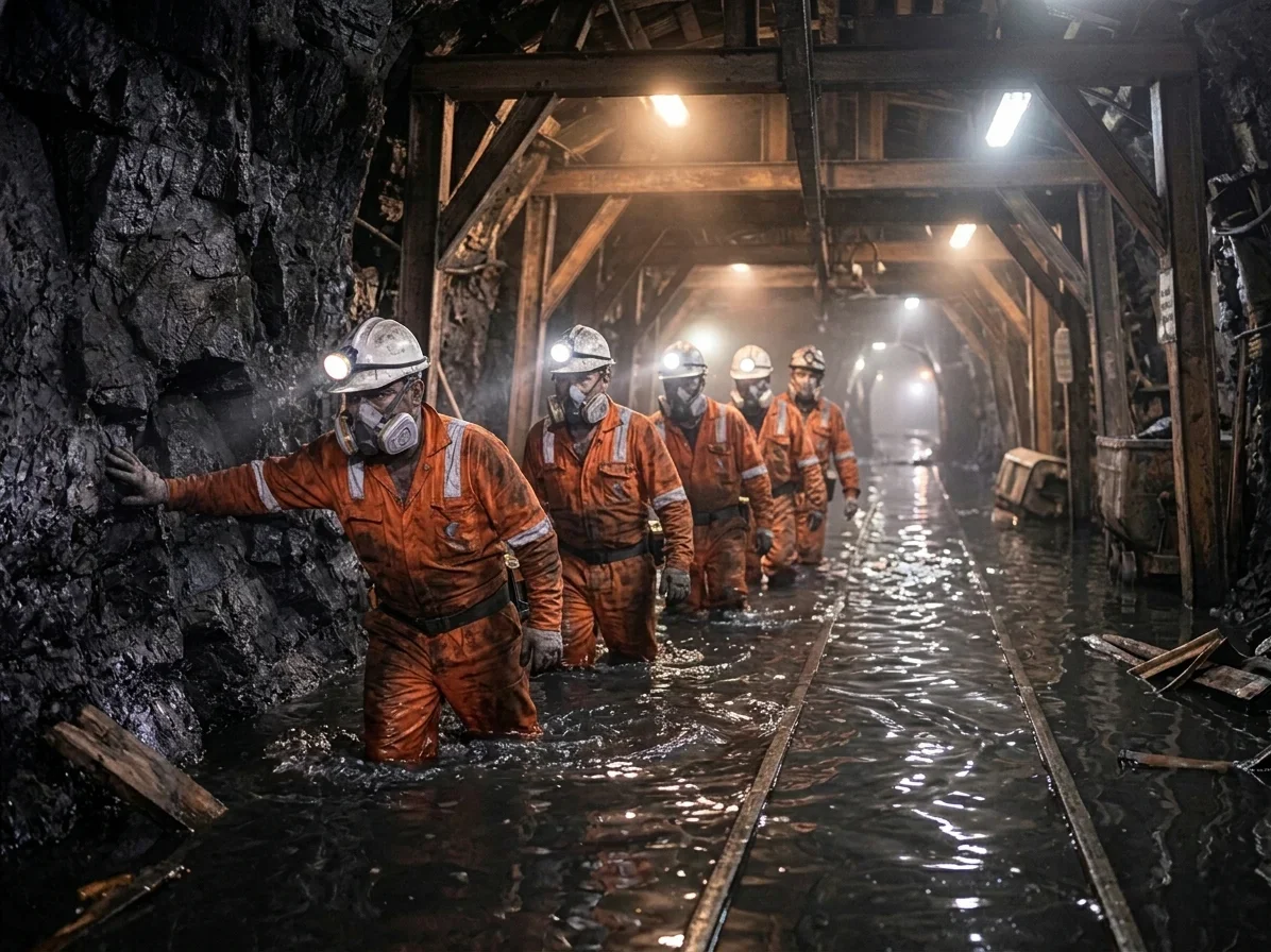 MINEROS EVACUANDO  POR DERRUMBE E INUNDACION EN MINA