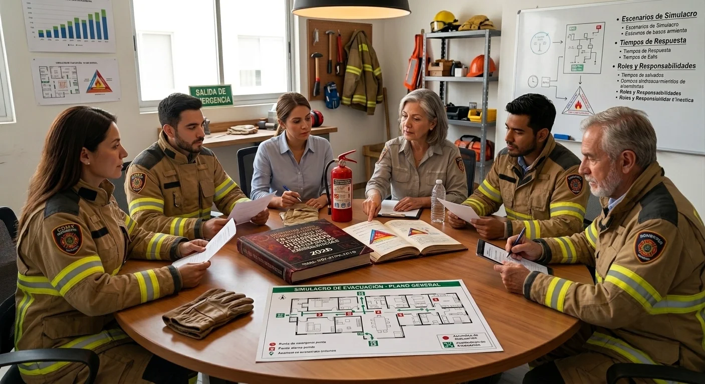 BRIGADISTAS PLANEANDO EJECUCION DE SIMULACRO CONTRA INCENDIOS