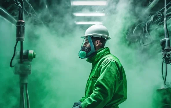 TRABAJADOR LABORANDO EN MEDIO DE UNA NUBE DE VAPORES ORGNICOS