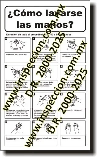 Letrero DE UNA CUADRICULA EN UN RECTNGULO CON LINEAS EN COLOR NEGRO, 
		con smbolos grficos de DIVERSAS ILUSTRACIONES OFICIALES DEL PROCEDIMIENTO PARA LAVADO DE MANOS al centro, 
		fondo BLANCO; texto en la parte superior que indica CMO LAVARSE LAS MANOS?, y pictograma en color NEGRO. 
		Diseado conforme lo indicado en la NOM-026-STPS-2008